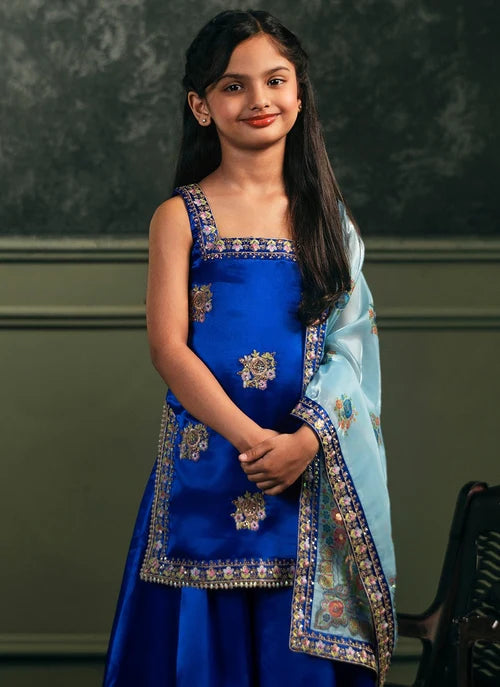 Kids Royal Blue Embroidered Satin Sharara